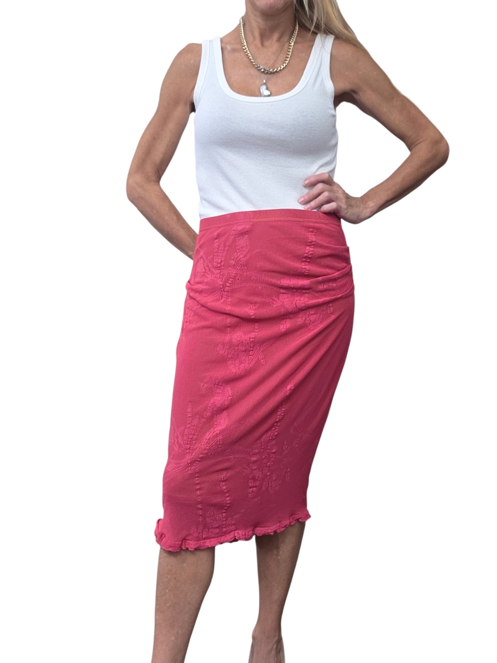 Vintage Y2K Karen Millen Rose Pink Mesh Ruffle Midi Skirt 10